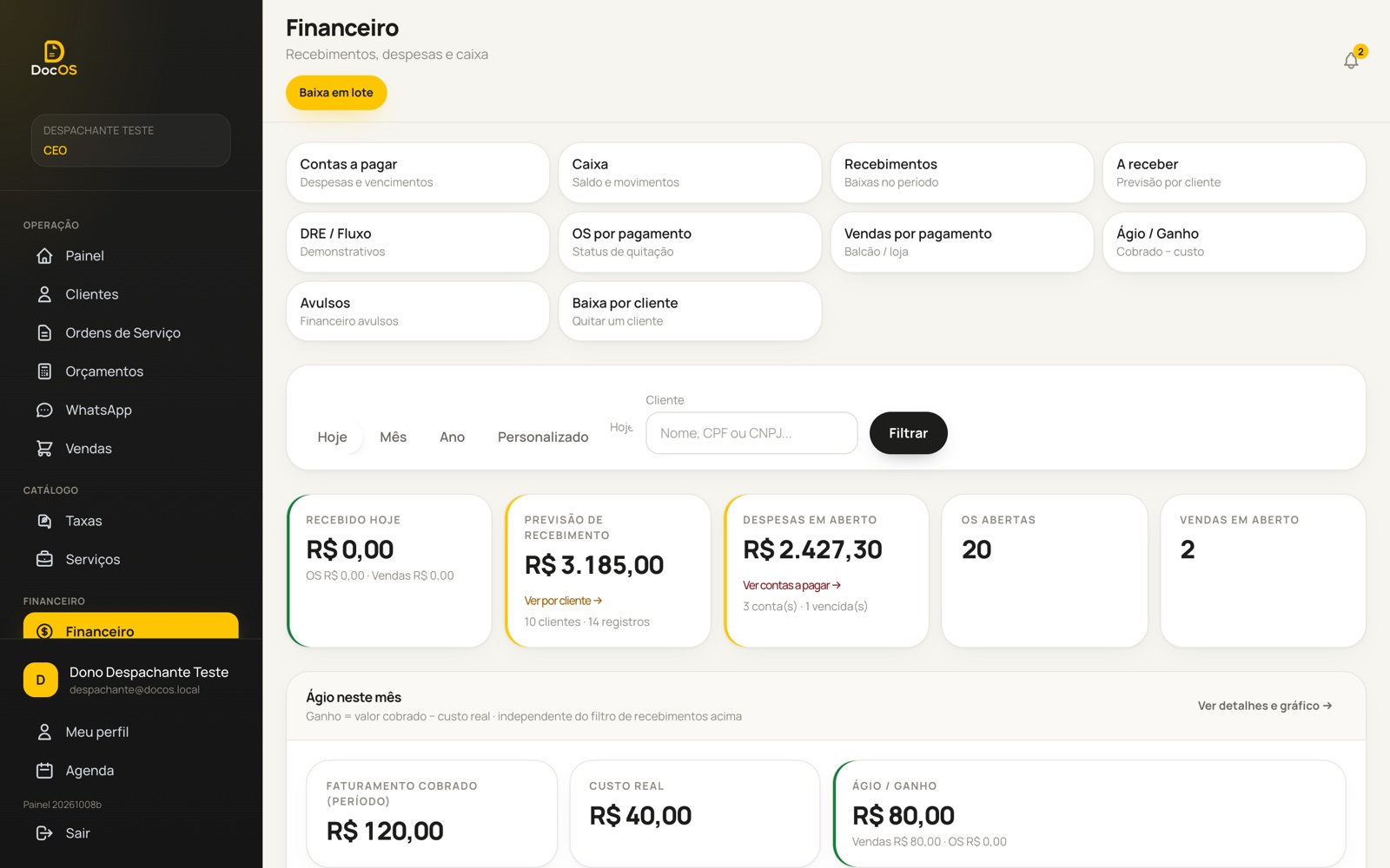 Tela real do DocOS: Financeiro