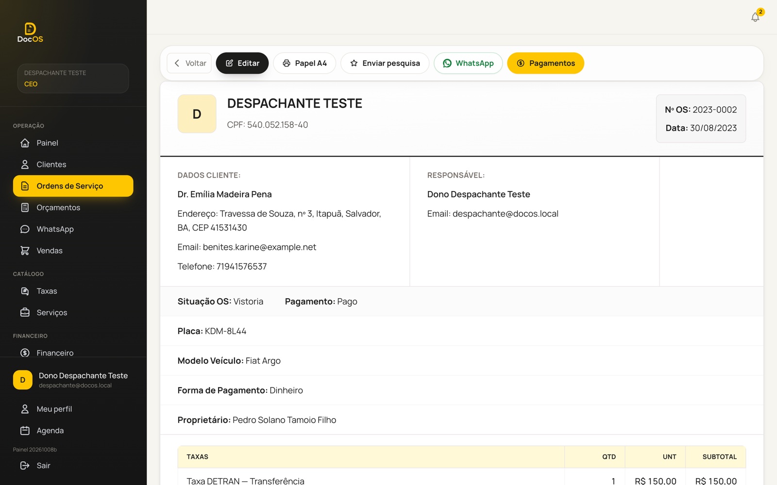 Tela real do DocOS: Ordem de serviço